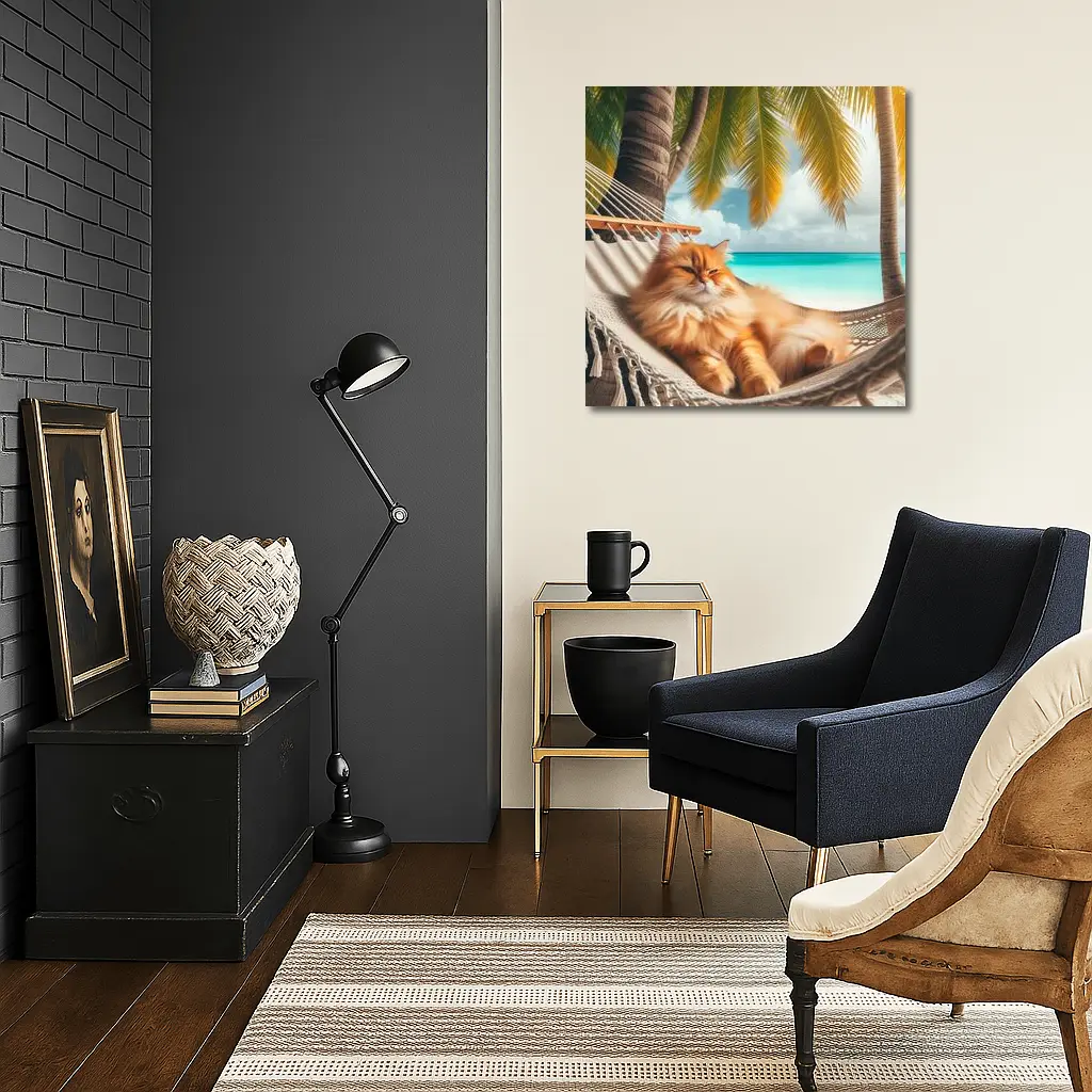 Orange Long Hair Cat Relaxing Tropical Beach – Wall Art