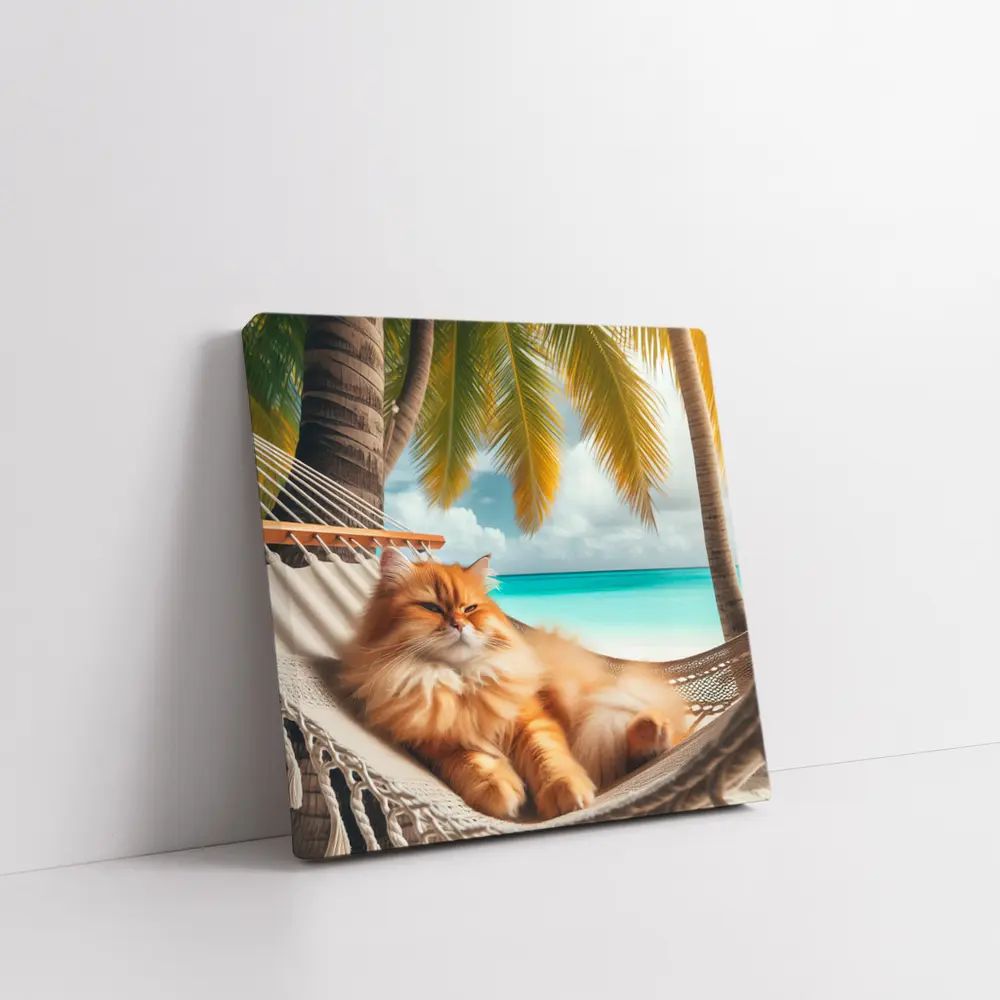 Orange Long Hair Cat Relaxing Tropical Beach – Wall Art