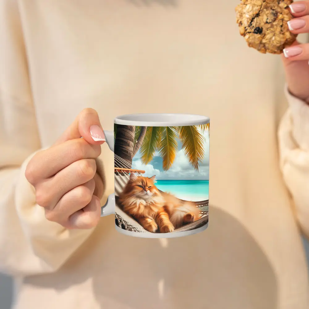 Orange Long Hair Cat Relaxing Tropical Beach – Mugs