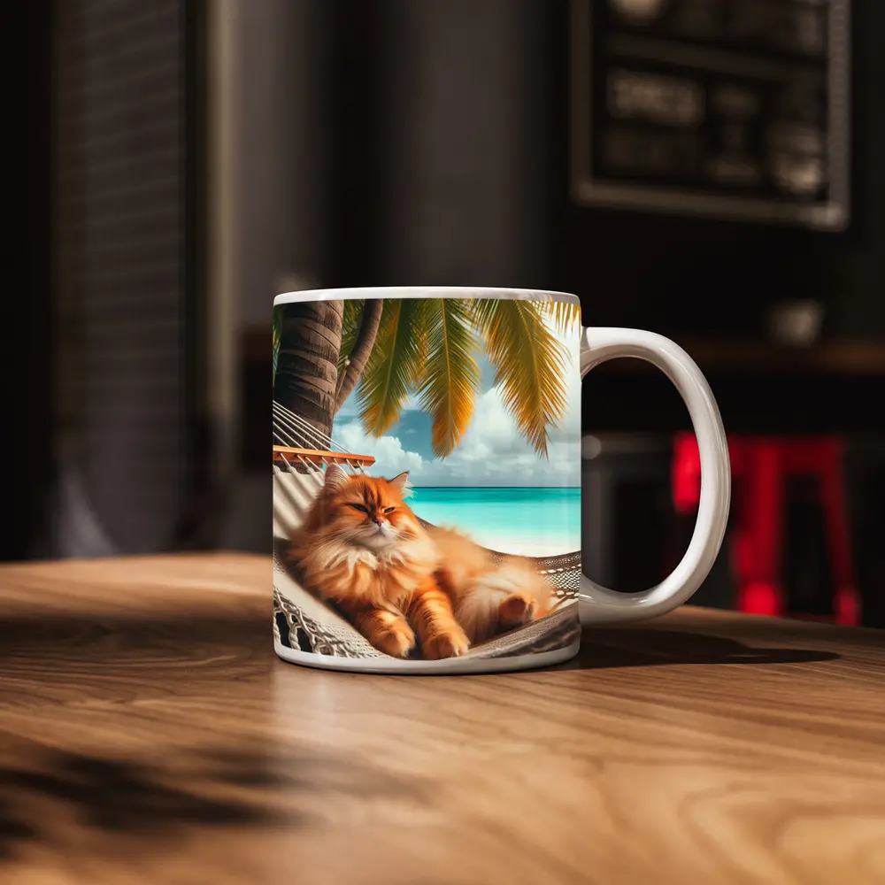 Orange Long Hair Cat Relaxing Tropical Beach – Mugs
