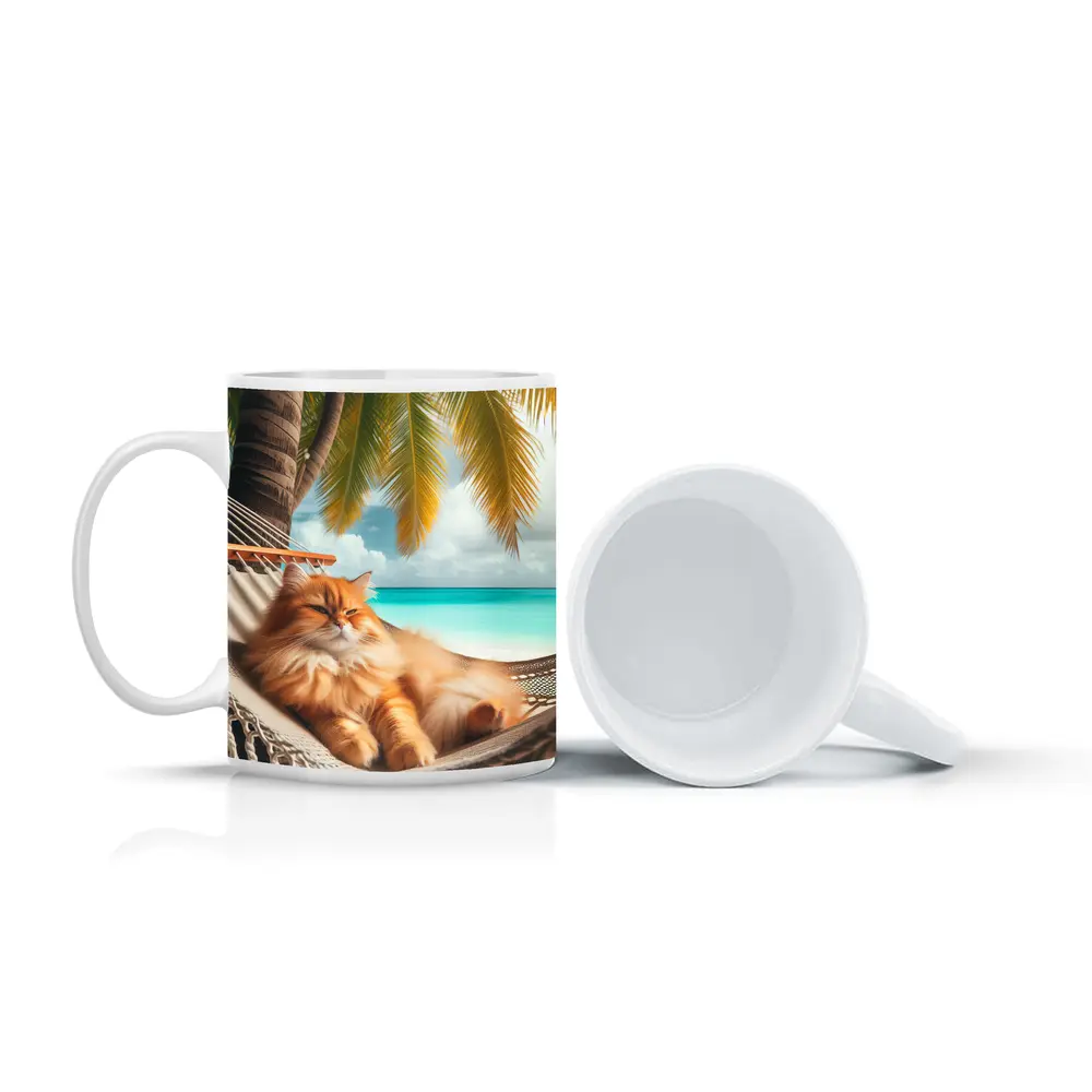 Orange Long Hair Cat Relaxing Tropical Beach – Mugs