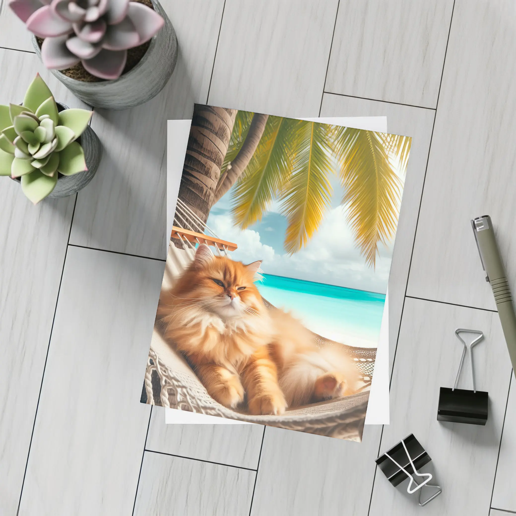 Orange Long Hair Cat Relaxing Tropical Beach – Postcards