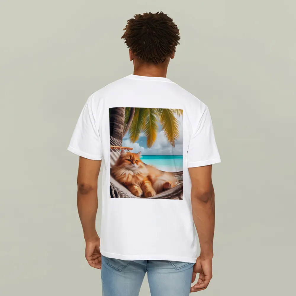 Orange Long Hair Cat Relaxing Tropical Beach – T-Shirts