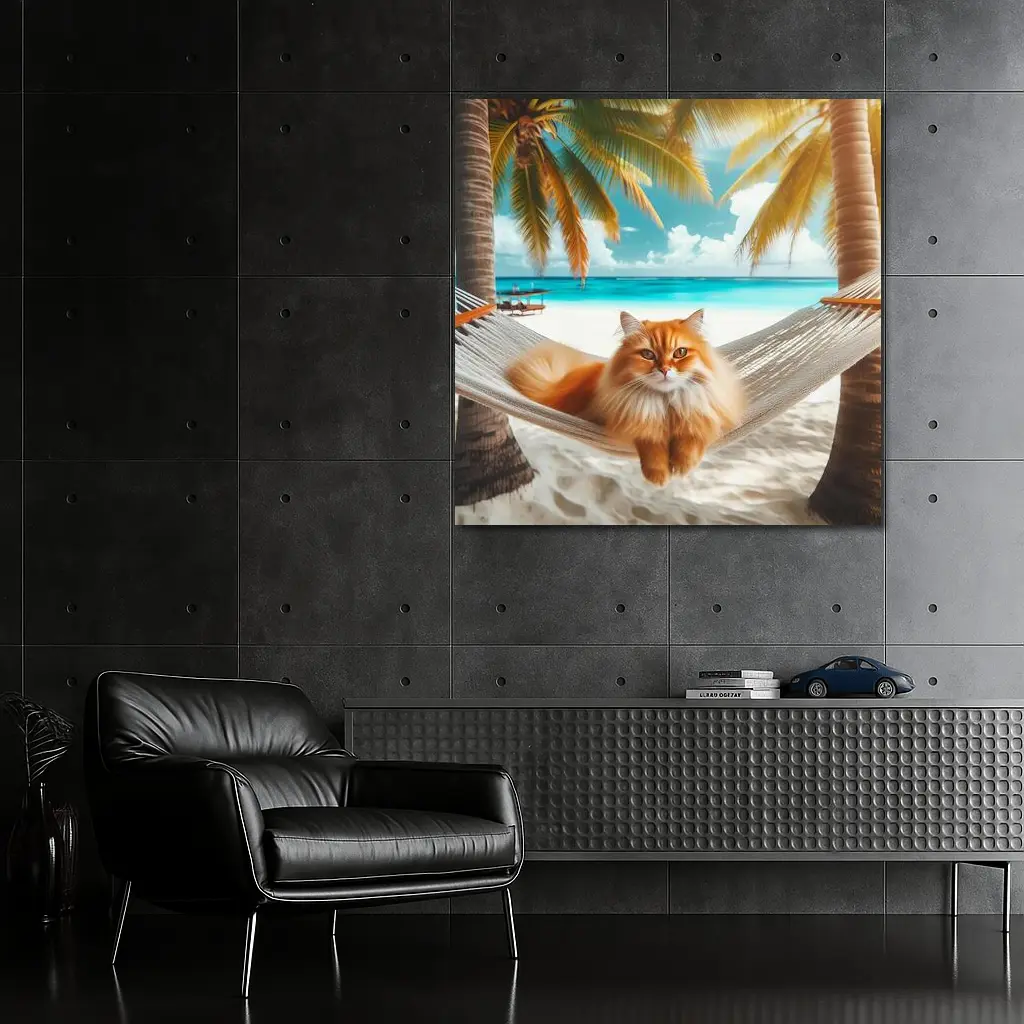 Orange Cat Relaxing Hammock Tropical Beach – Wall Art