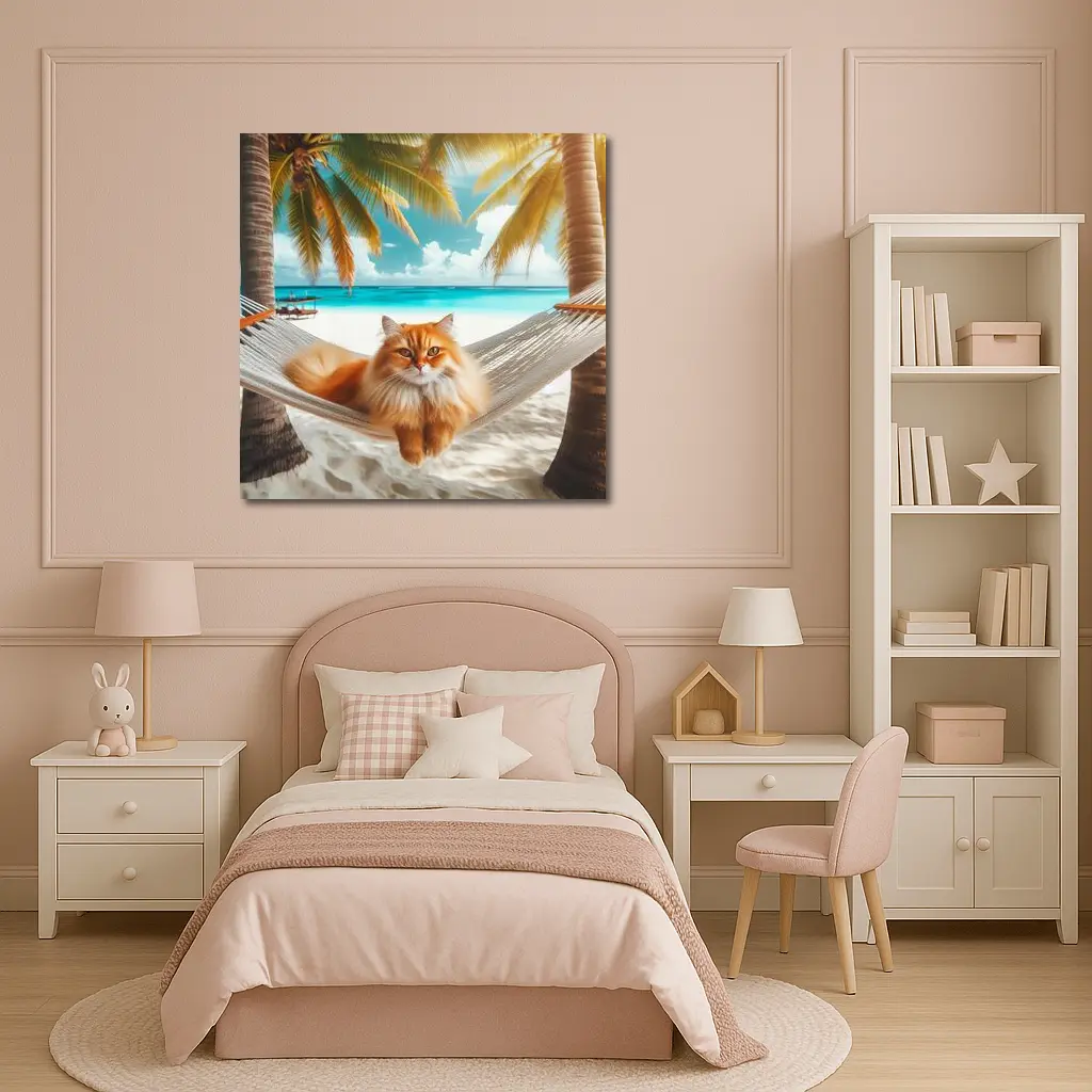 Orange Cat Relaxing Hammock Tropical Beach – Wall Art