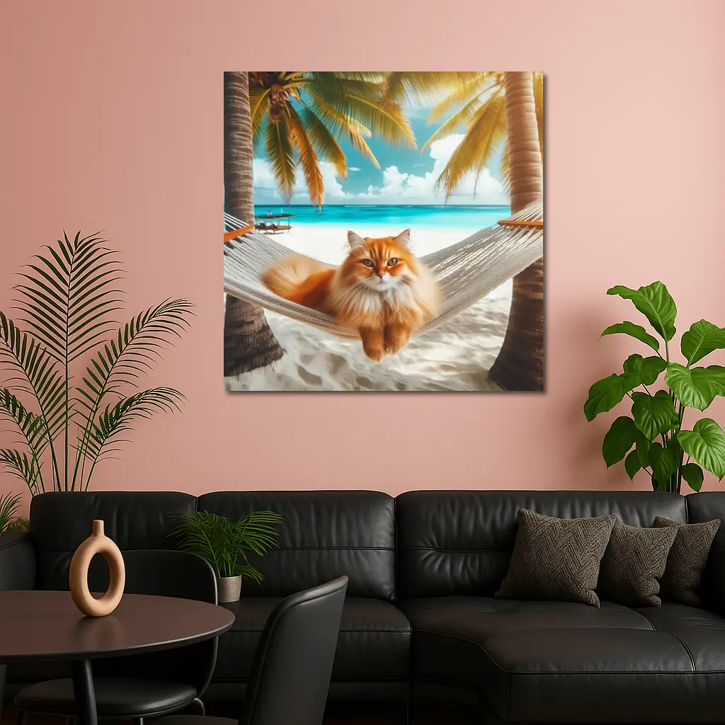 Orange Cat Relaxing Hammock Tropical Beach – Wall Art