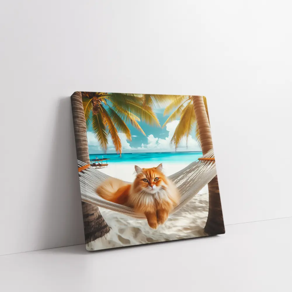 Orange Cat Relaxing Hammock Tropical Beach – Wall Art