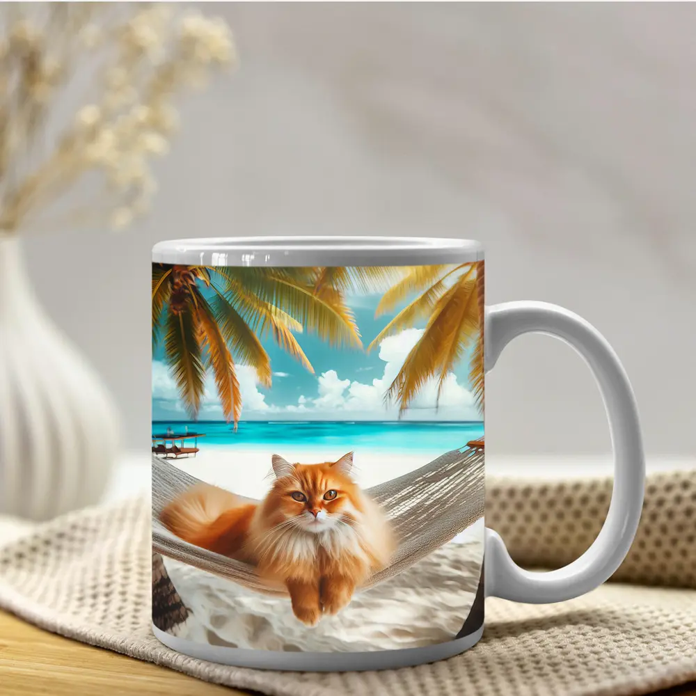 Orange Cat Relaxing Hammock Tropical Beach – Mugs