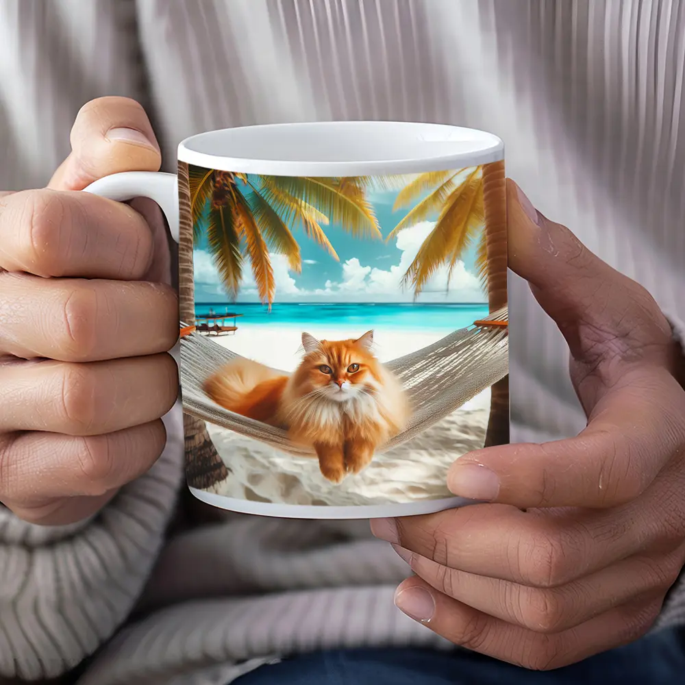 Orange Cat Relaxing Hammock Tropical Beach – Mugs