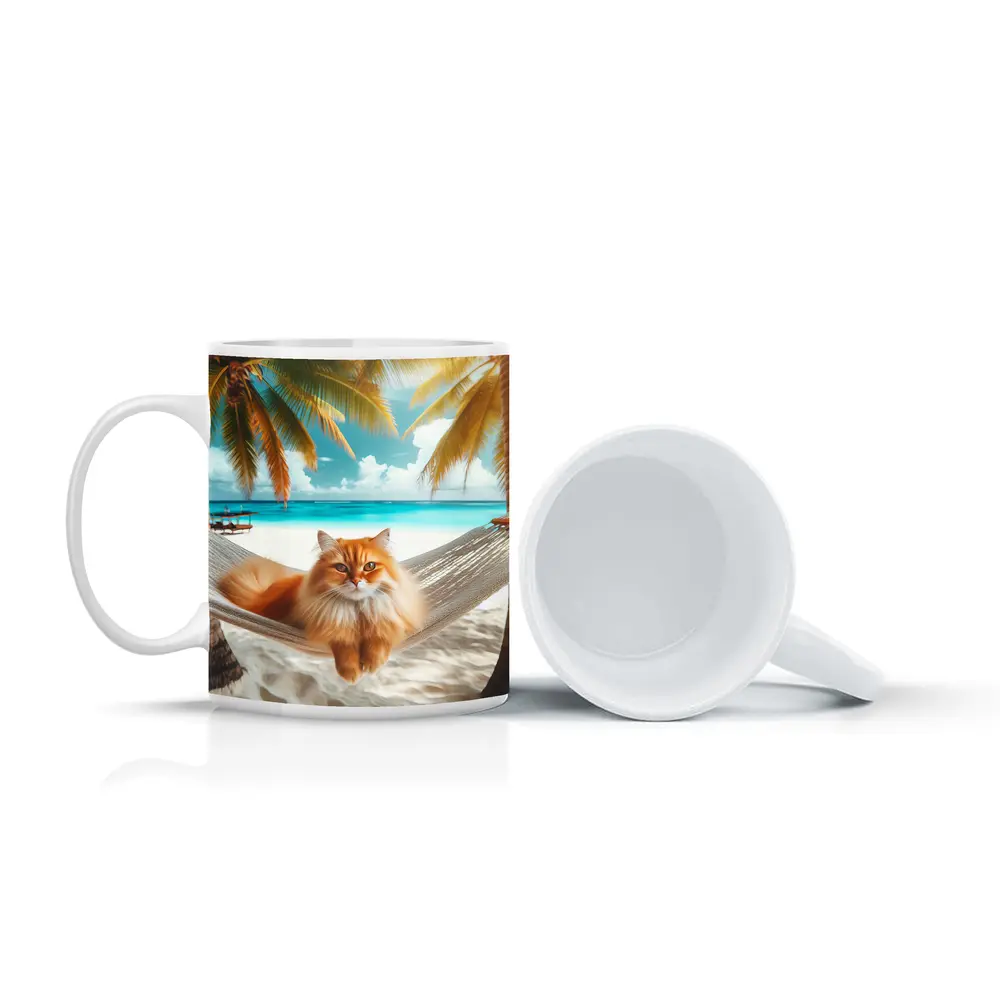 Orange Cat Relaxing Hammock Tropical Beach – Mugs