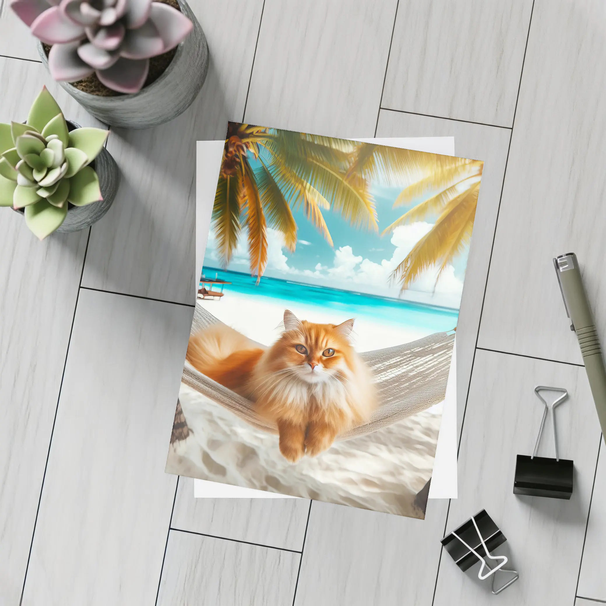 Orange Cat Relaxing Hammock Tropical Beach – Postcards