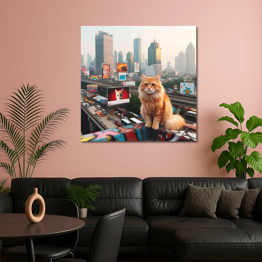 Orange Cat Sitting City Skyline Rooftop – Wall Art
