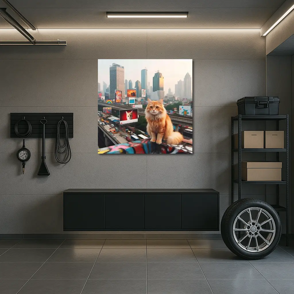 Orange Cat Sitting City Skyline Rooftop – Wall Art