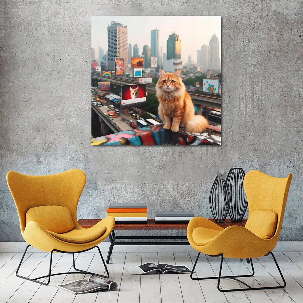 Orange Cat Sitting City Skyline Rooftop – Wall Art