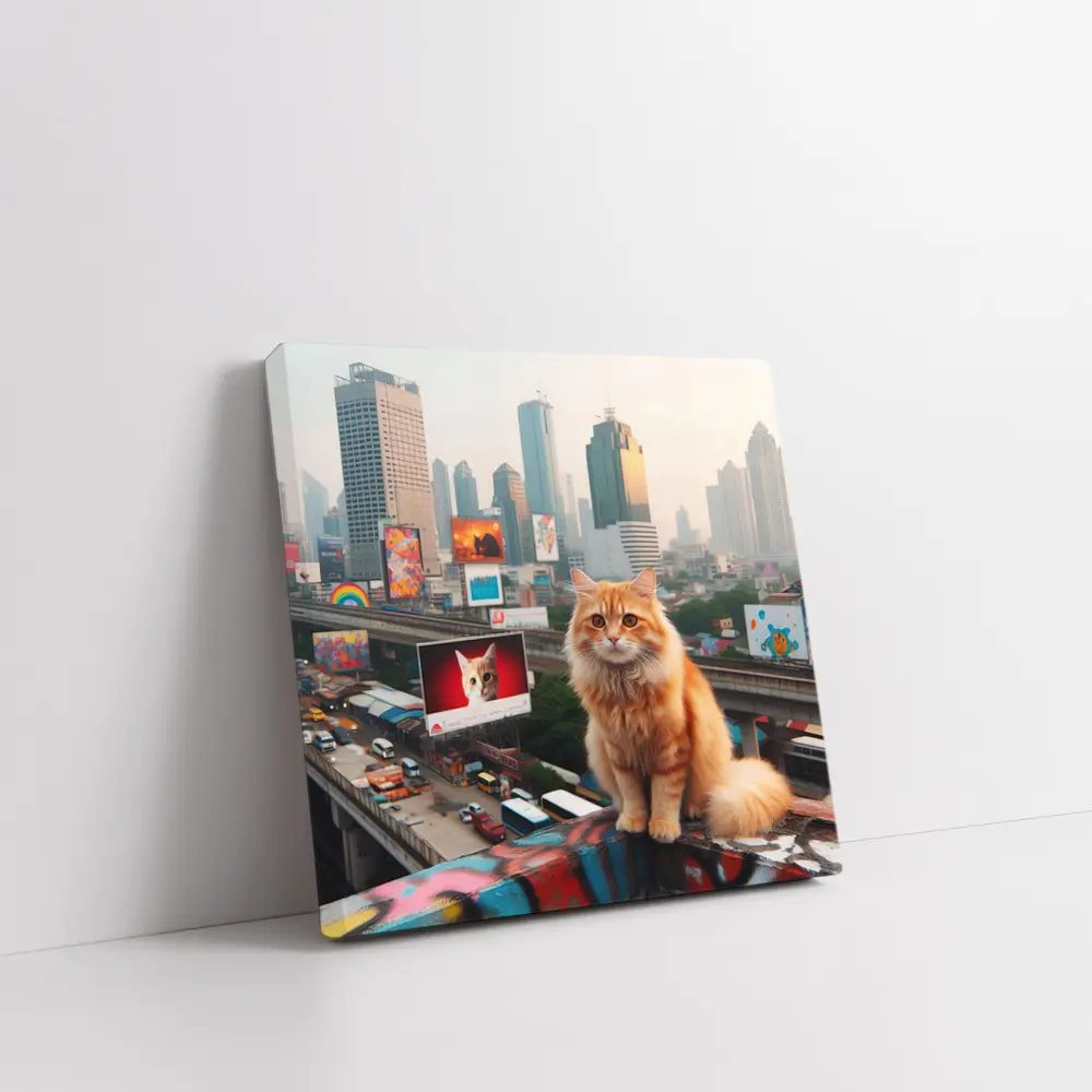 Orange Cat Sitting City Skyline Rooftop – Wall Art
