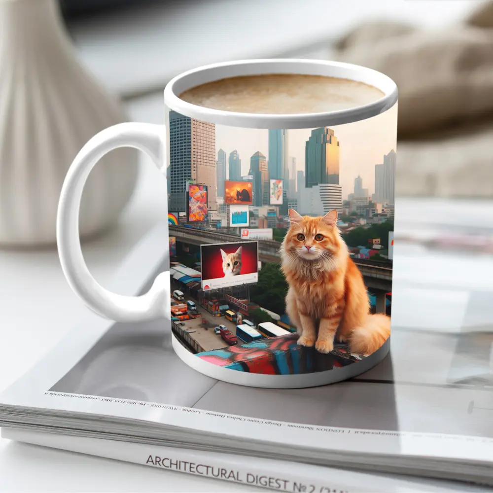 Orange Cat Sitting City Skyline Rooftop – Mugs