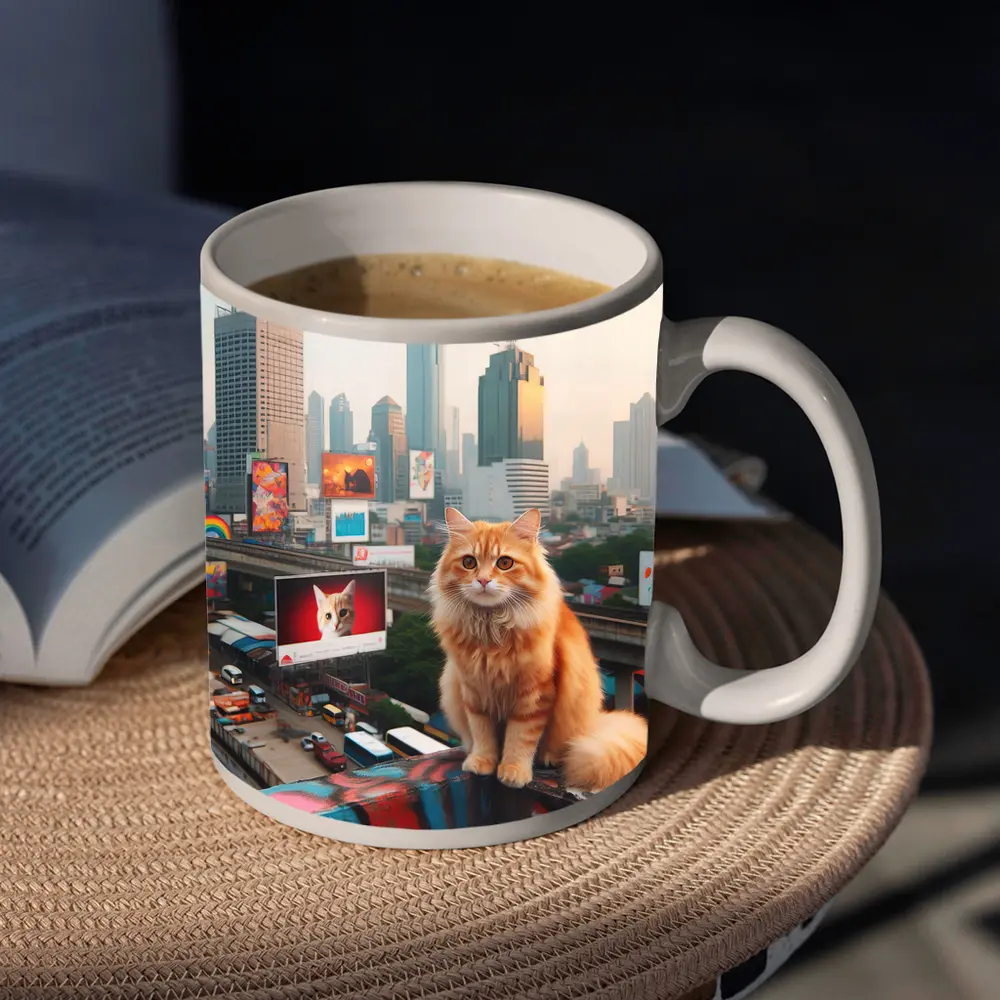 Orange Cat Sitting City Skyline Rooftop – Mugs