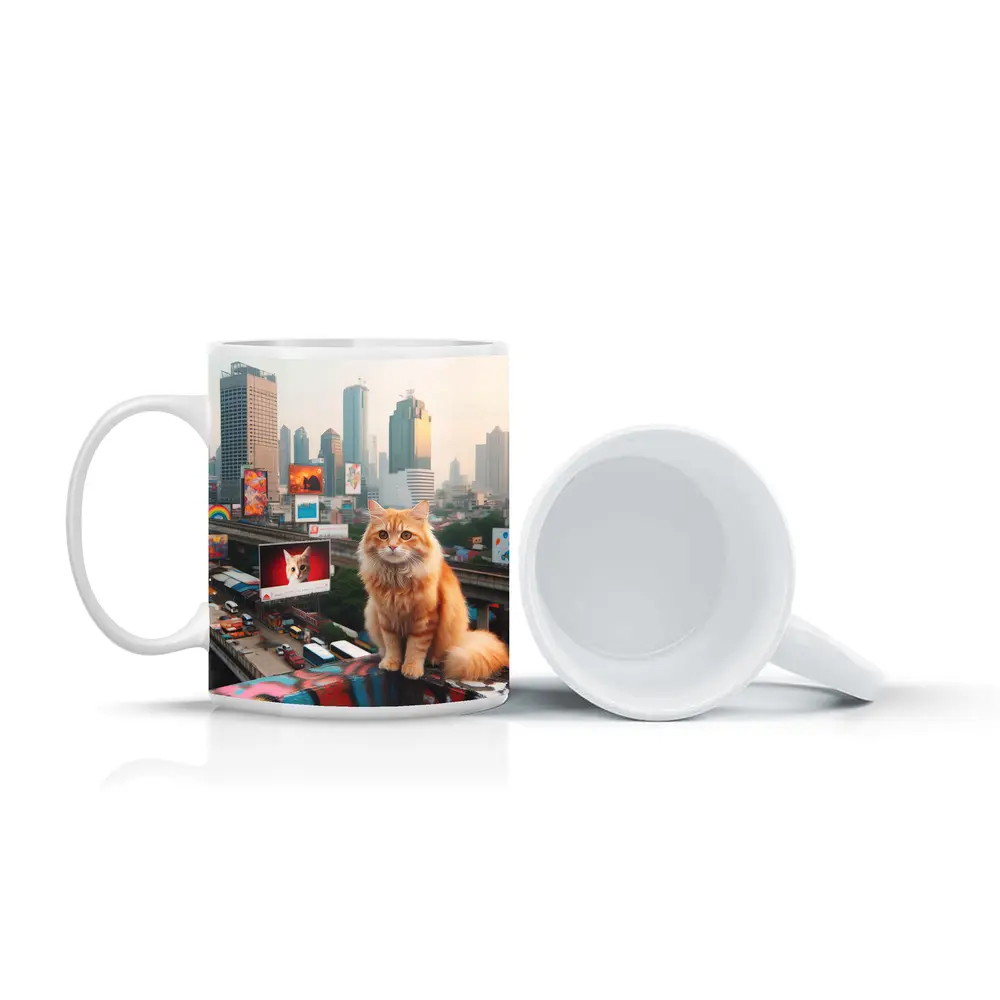 Orange Cat Sitting City Skyline Rooftop – Mugs