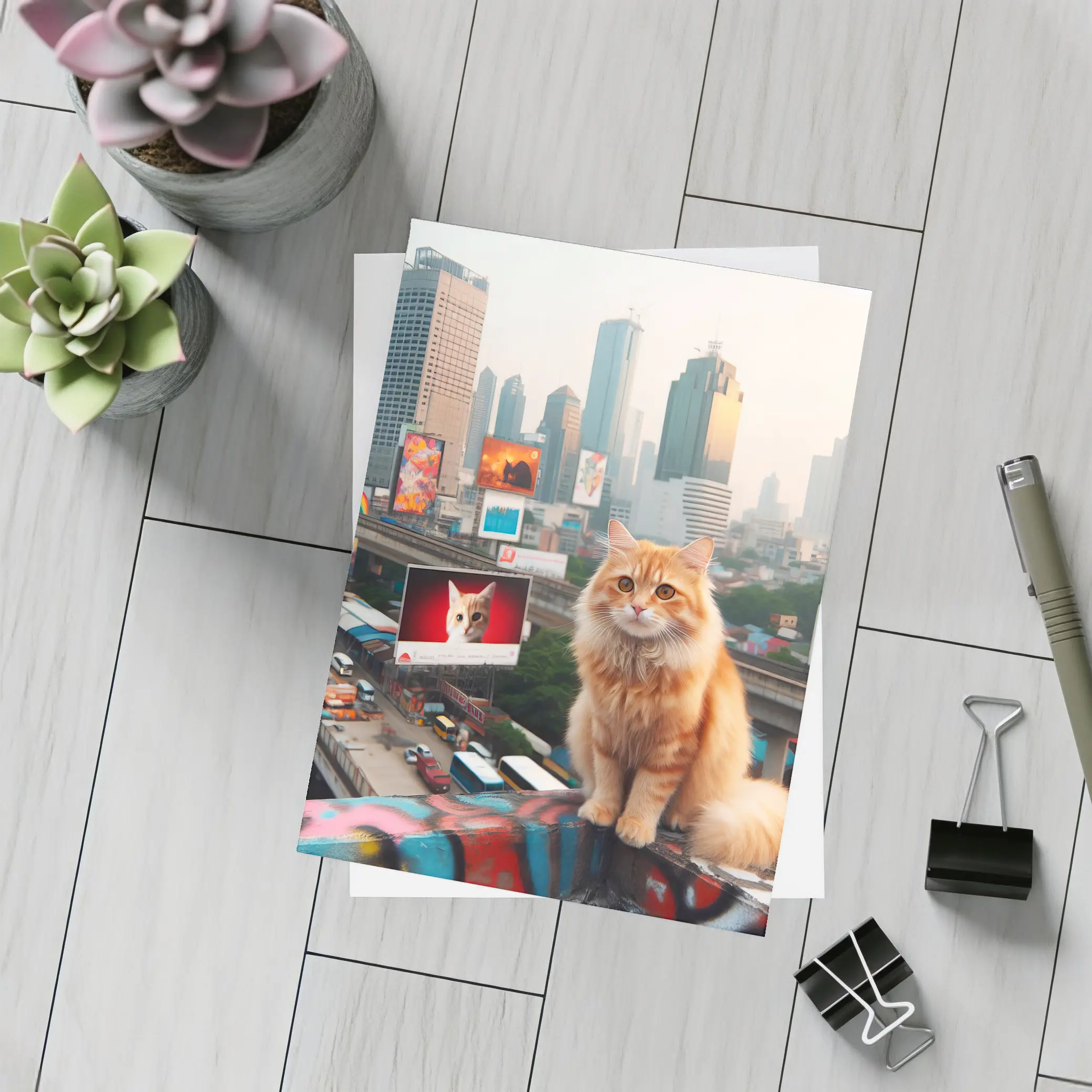 Orange Cat Sitting City Skyline Rooftop – Postcards