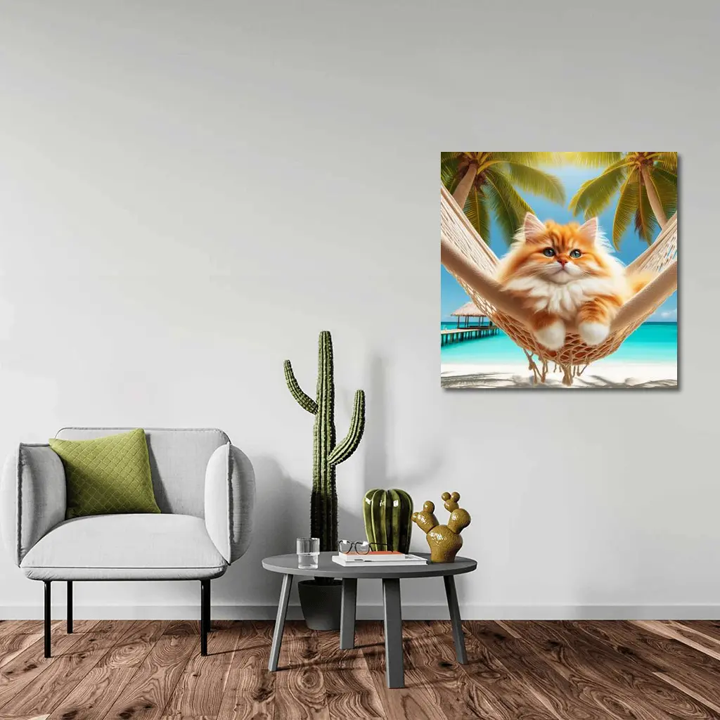 Fluffy Orange Cat Relaxing Tropical Beach Hammock – Wall Art