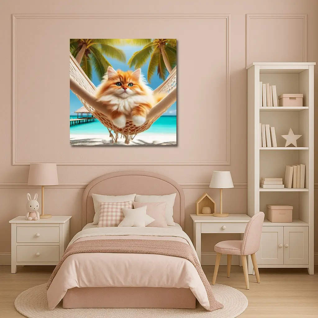 Fluffy Orange Cat Relaxing Tropical Beach Hammock – Wall Art