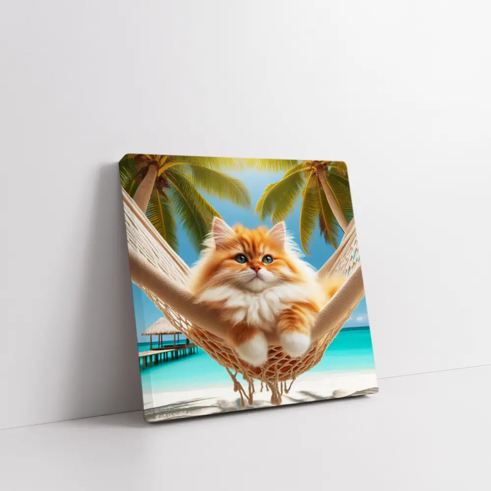 Fluffy Orange Cat Relaxing Tropical Beach Hammock – Wall Art