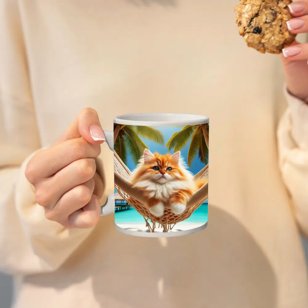 Fluffy Orange Cat Relaxing Tropical Beach Hammock – Mugs