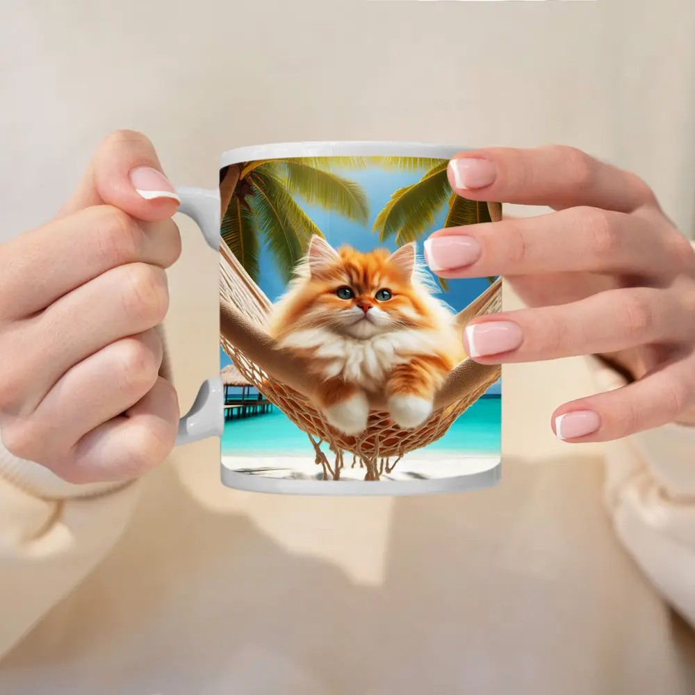 Fluffy Orange Cat Relaxing Tropical Beach Hammock – Mugs