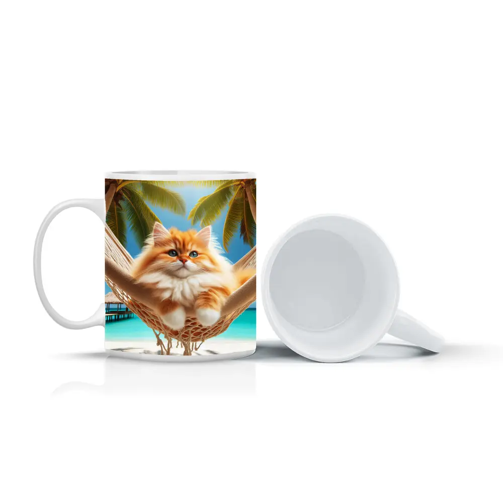 Fluffy Orange Cat Relaxing Tropical Beach Hammock – Mugs