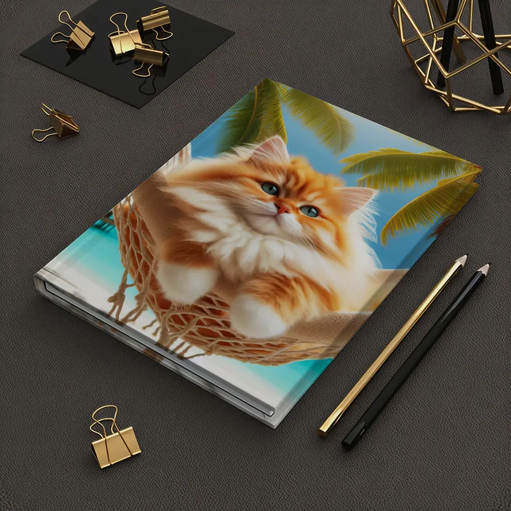 Fluffy Orange Cat Relaxing Tropical Beach Hammock – Notebooks