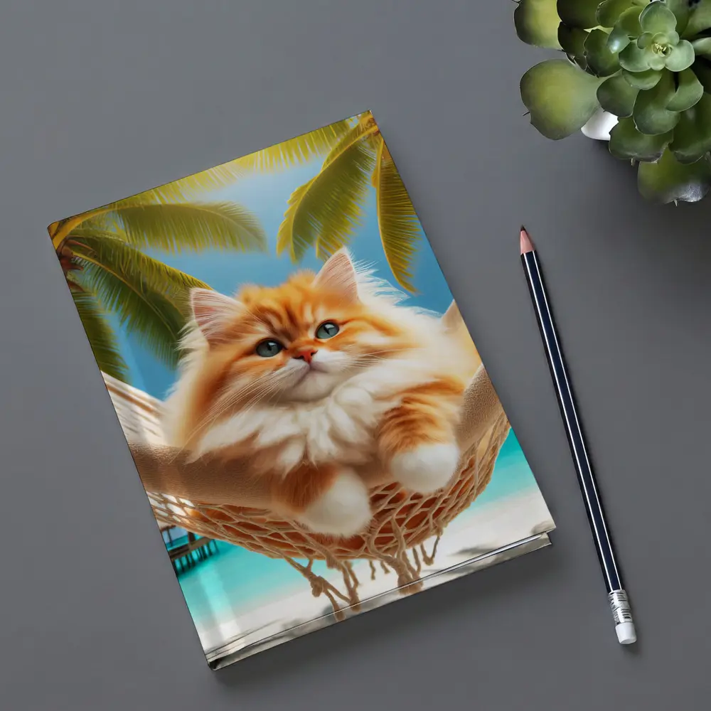 Fluffy Orange Cat Relaxing Tropical Beach Hammock – Notebooks