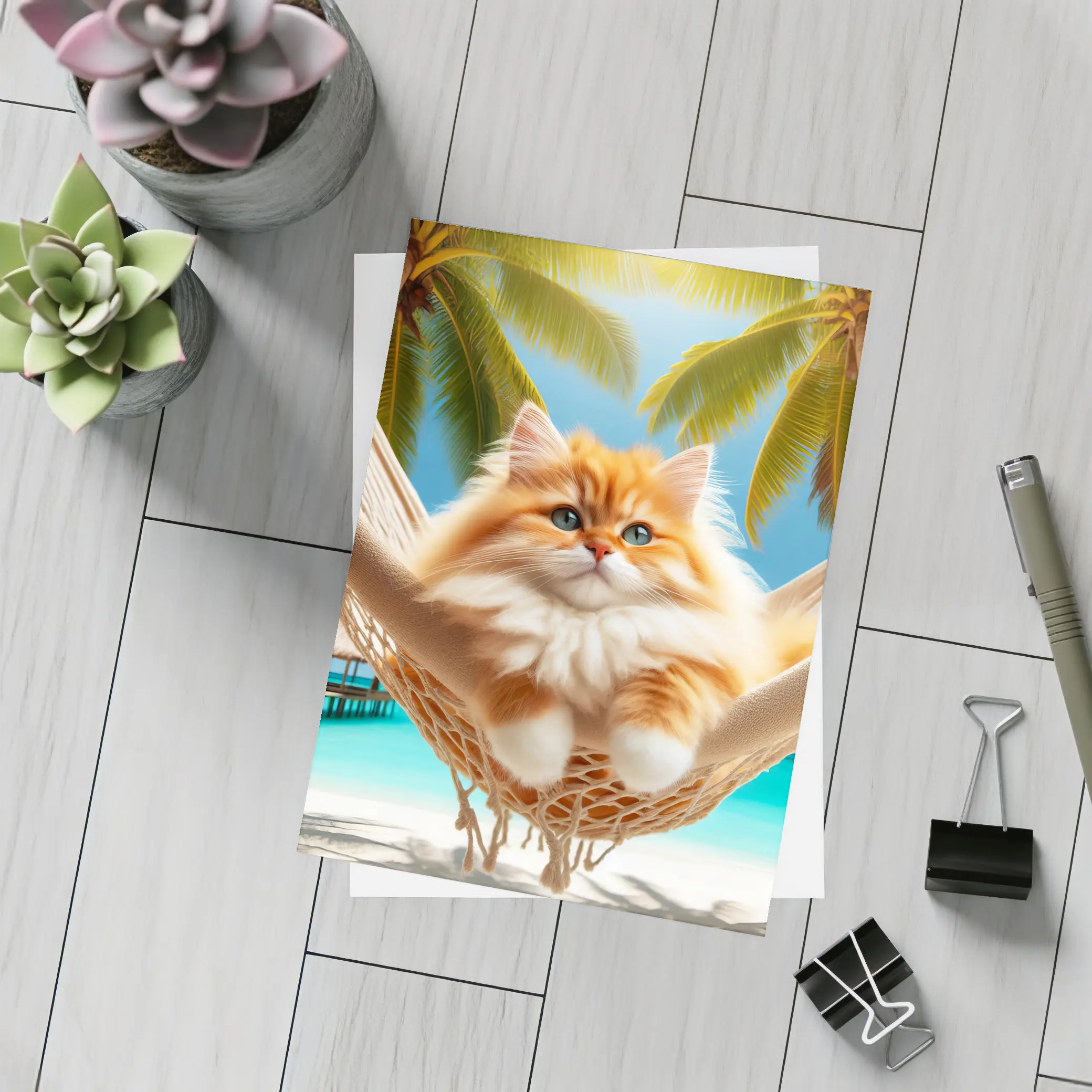 Fluffy Orange Cat Relaxing Tropical Beach Hammock – Postcards