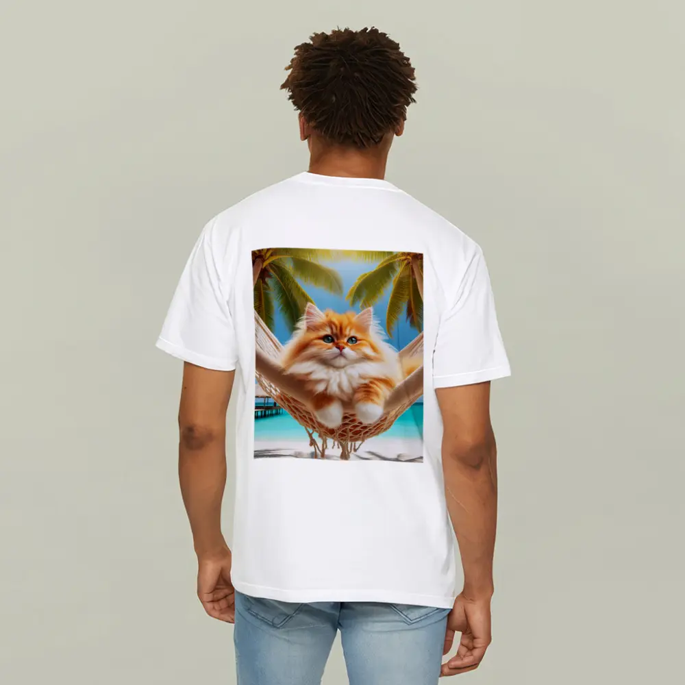 Fluffy Orange Cat Relaxing Tropical Beach Hammock – T-Shirts