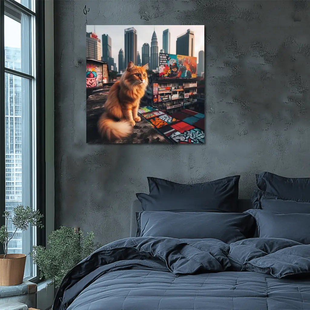Orange Cat Sitting on Kuala Lumpur Rooftop – Wall Art