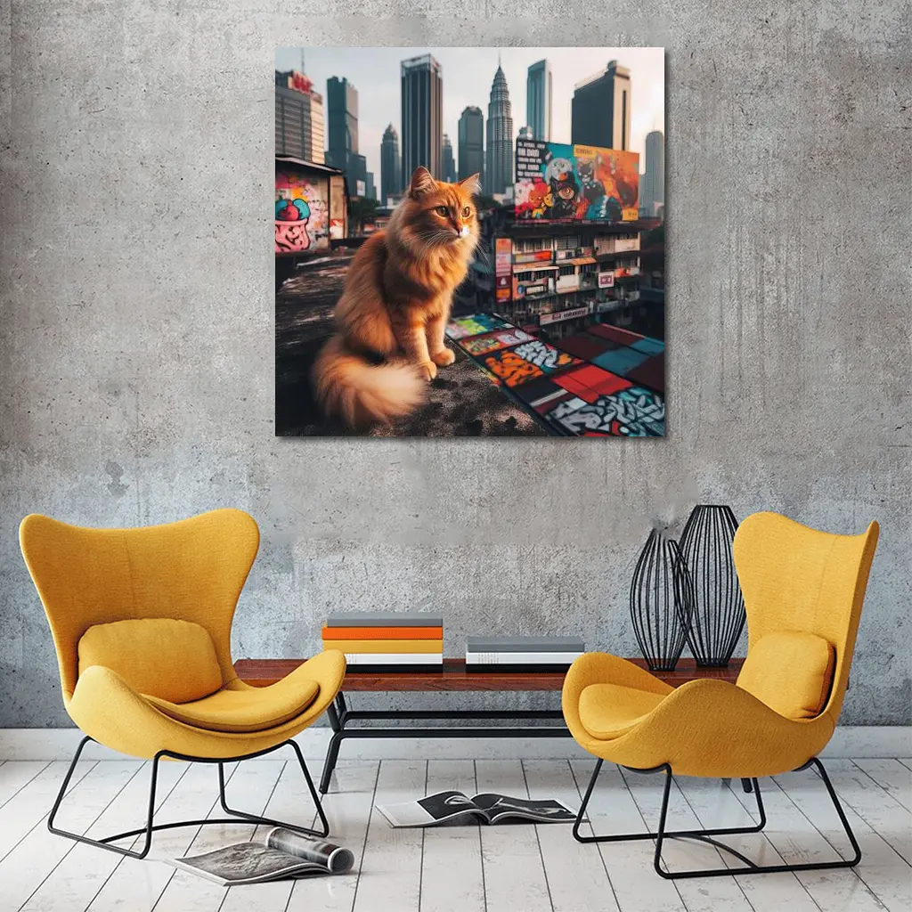 Orange Cat Sitting on Kuala Lumpur Rooftop – Wall Art