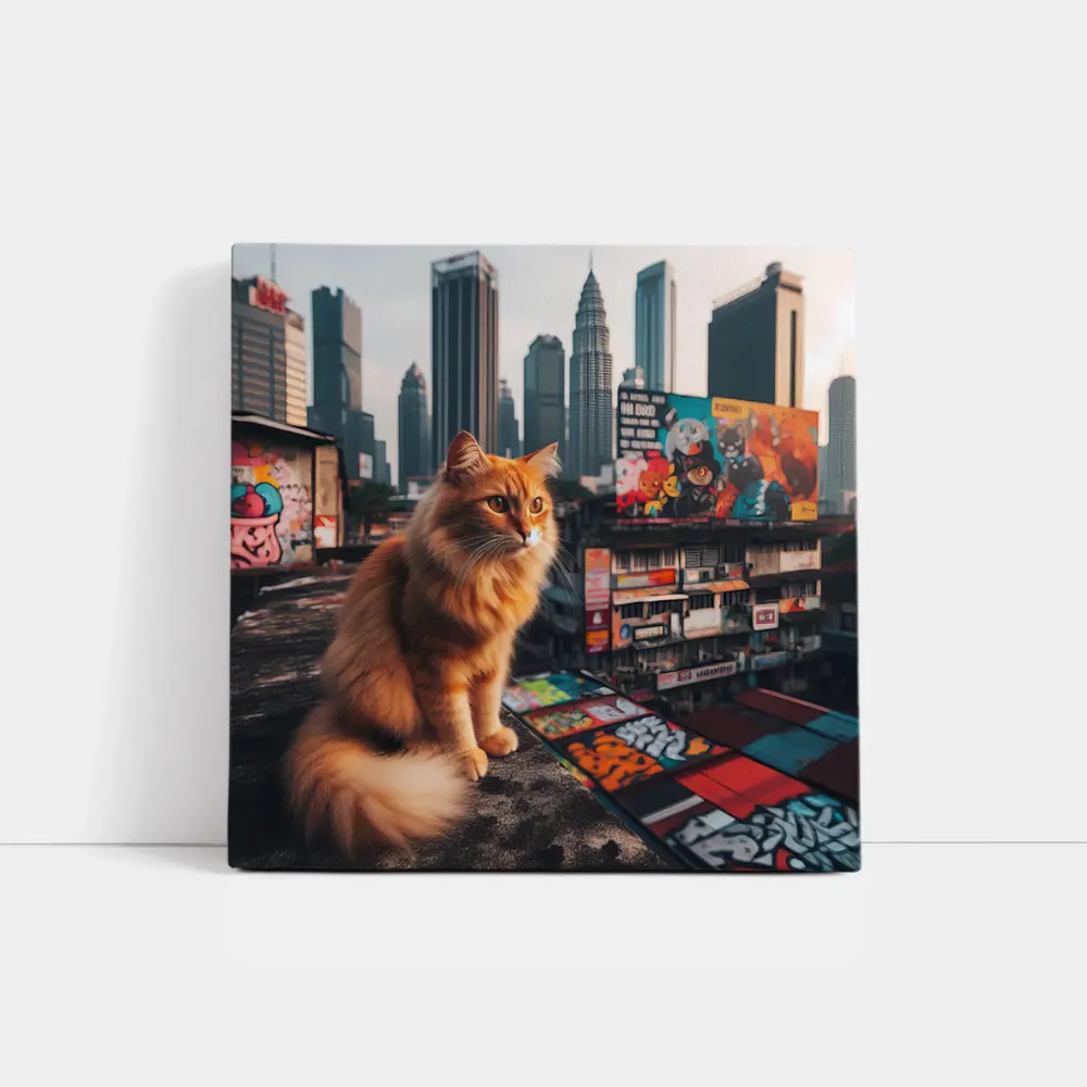 Orange Cat Sitting on Kuala Lumpur Rooftop – Wall Art