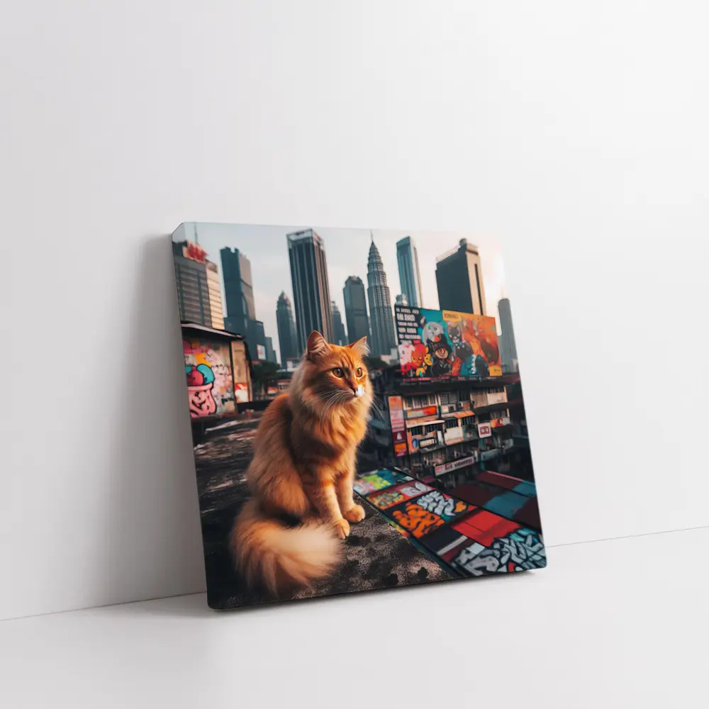 Orange Cat Sitting on Kuala Lumpur Rooftop – Wall Art