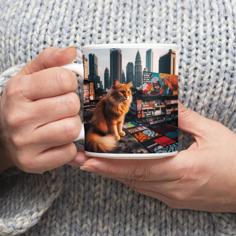 Orange Cat Sitting on Kuala Lumpur Rooftop – Mugs