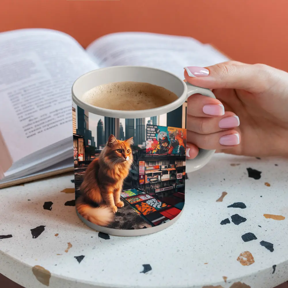 Orange Cat Sitting on Kuala Lumpur Rooftop – Mugs