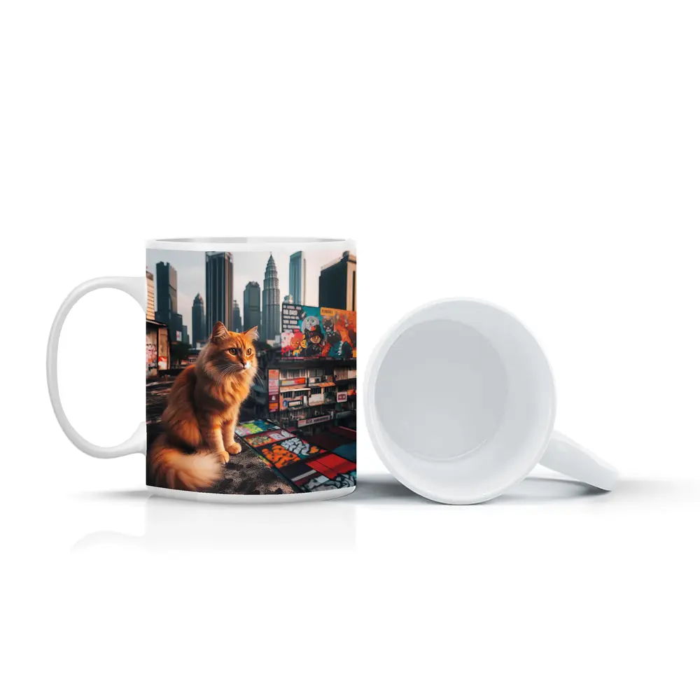 Orange Cat Sitting on Kuala Lumpur Rooftop – Mugs