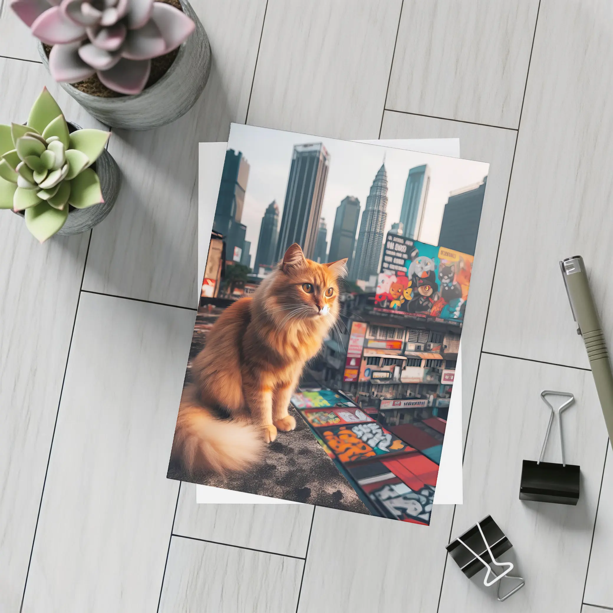 Orange Cat Sitting on Kuala Lumpur Rooftop – Postcards