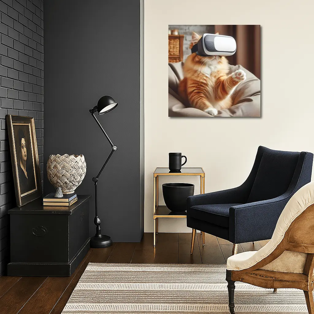 Orange Cat Wearing VR Headset Indoors – Wall Art