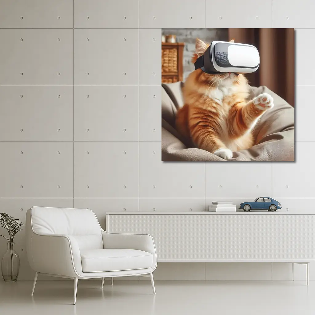 Orange Cat Wearing VR Headset Indoors – Wall Art
