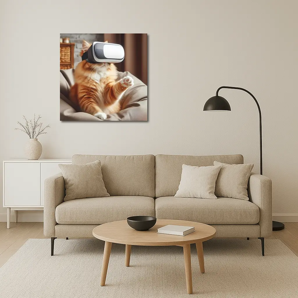 Orange Cat Wearing VR Headset Indoors – Wall Art