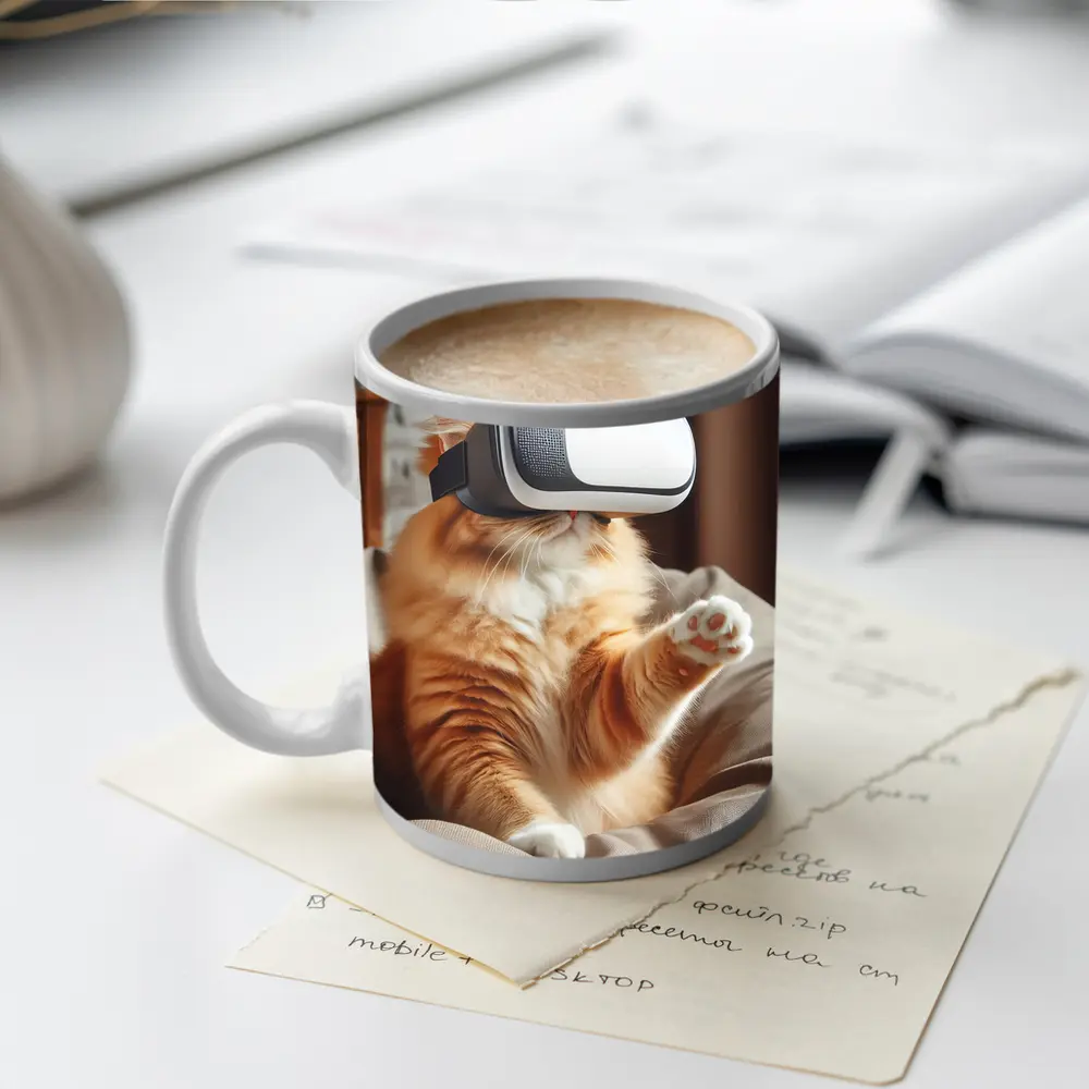 Orange Cat Wearing VR Headset Indoors – Mugs