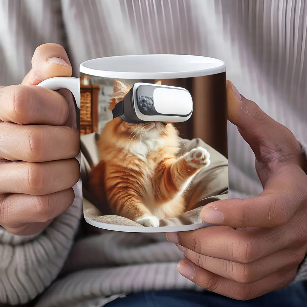 Orange Cat Wearing VR Headset Indoors – Mugs