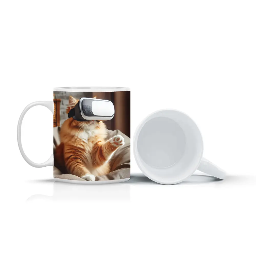 Orange Cat Wearing VR Headset Indoors – Mugs