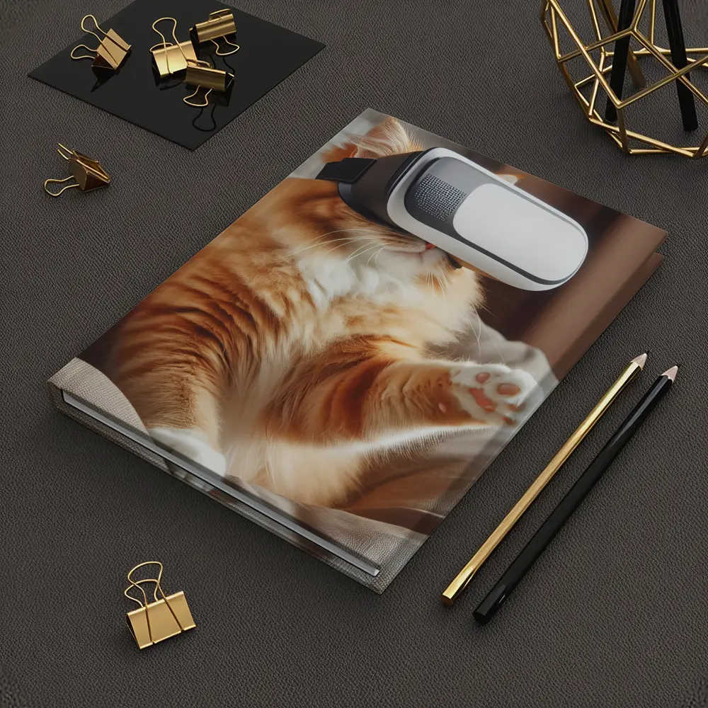 Orange Cat Wearing VR Headset Indoors – Notebooks