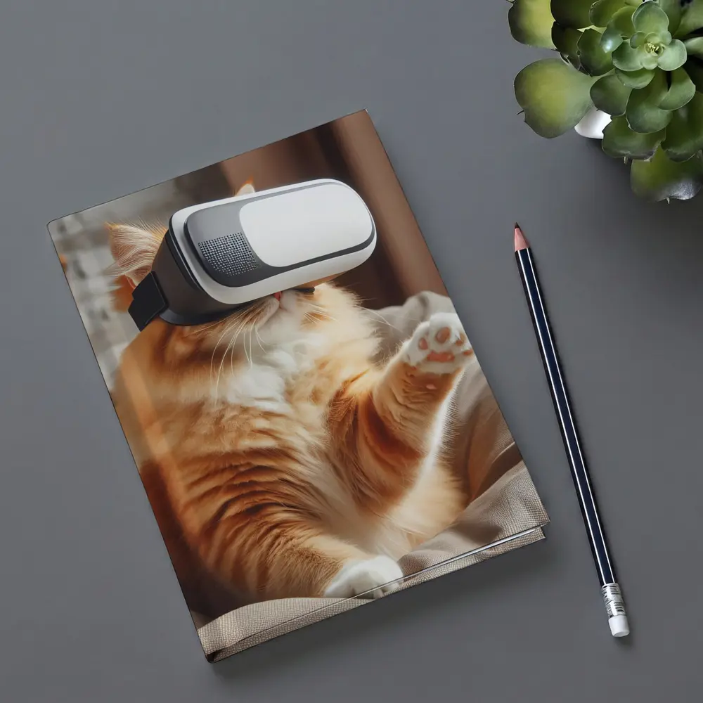 Orange Cat Wearing VR Headset Indoors – Notebooks