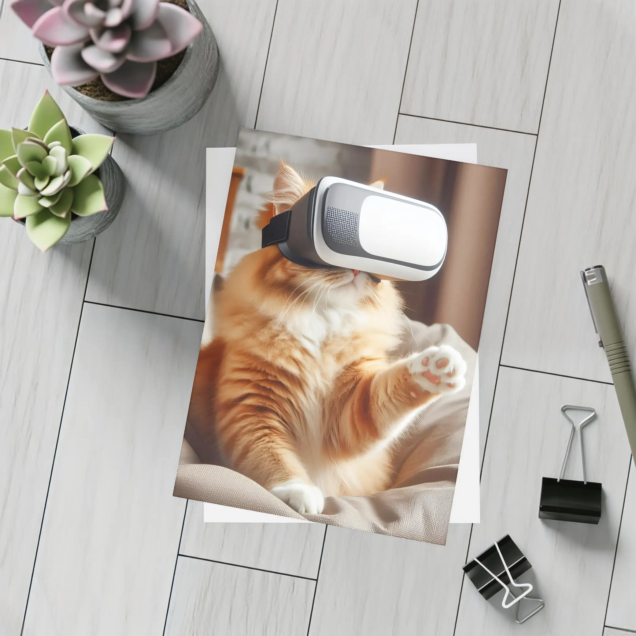Orange Cat Wearing VR Headset Indoors – Postcards